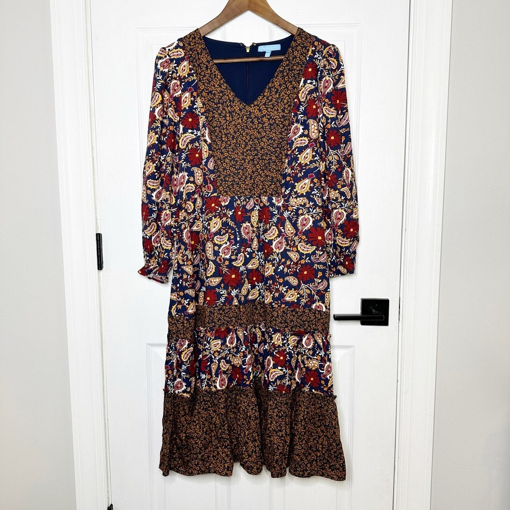 Draper James Dress Womens 4 Blue Floral Paisley Tiered Boho Peasant Cottagecore